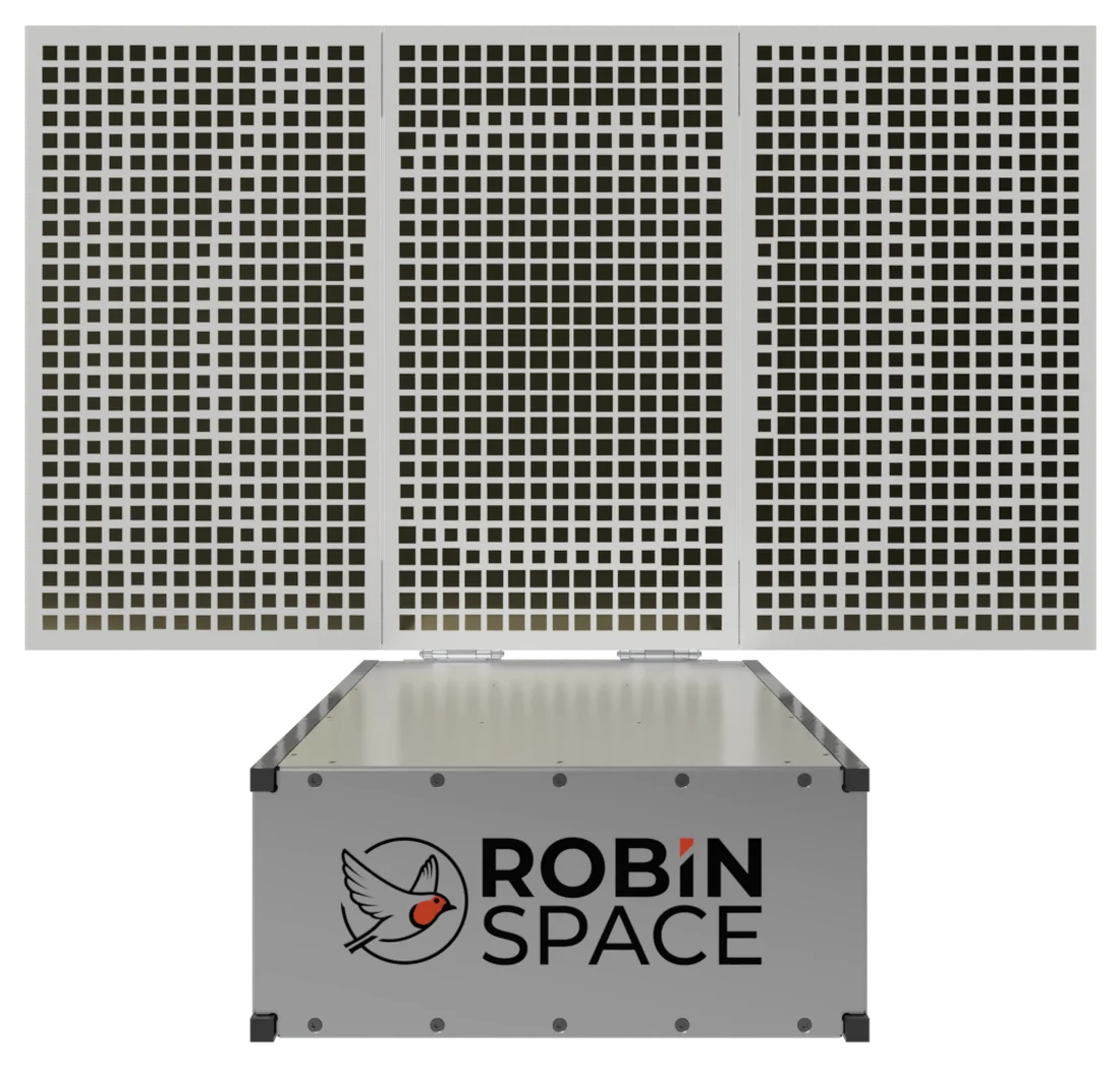 Three-panel deployable reflectarray antenna, stowed container and deployed panels