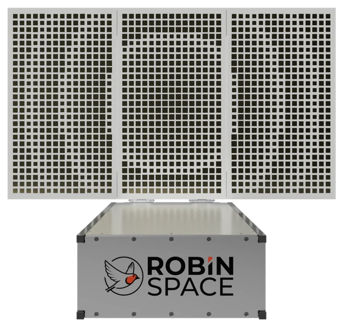 Three-panel deployable reflectarray antenna above its stowed container